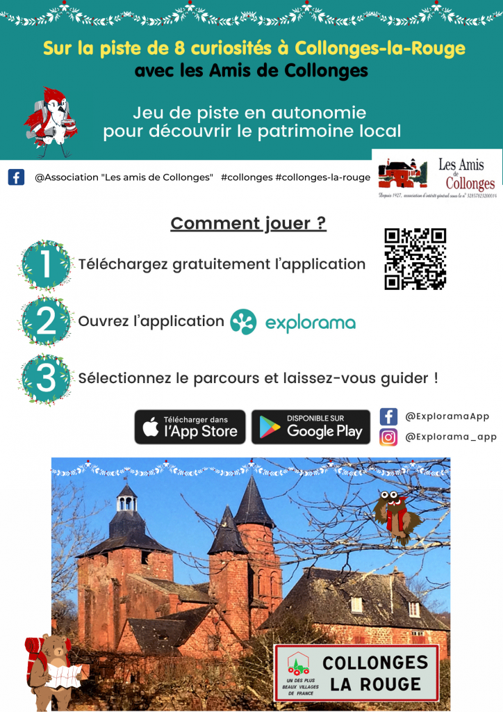 Affiche du parcours de visite ludique  Explorama de Collonges-La-Rouge, village labellisé "Plus Beaux Villages de France"